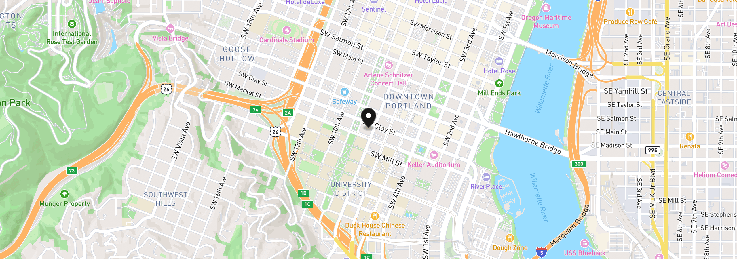 Map showing the location of 1500 SW Park Ave 108, Portland, OR 97201