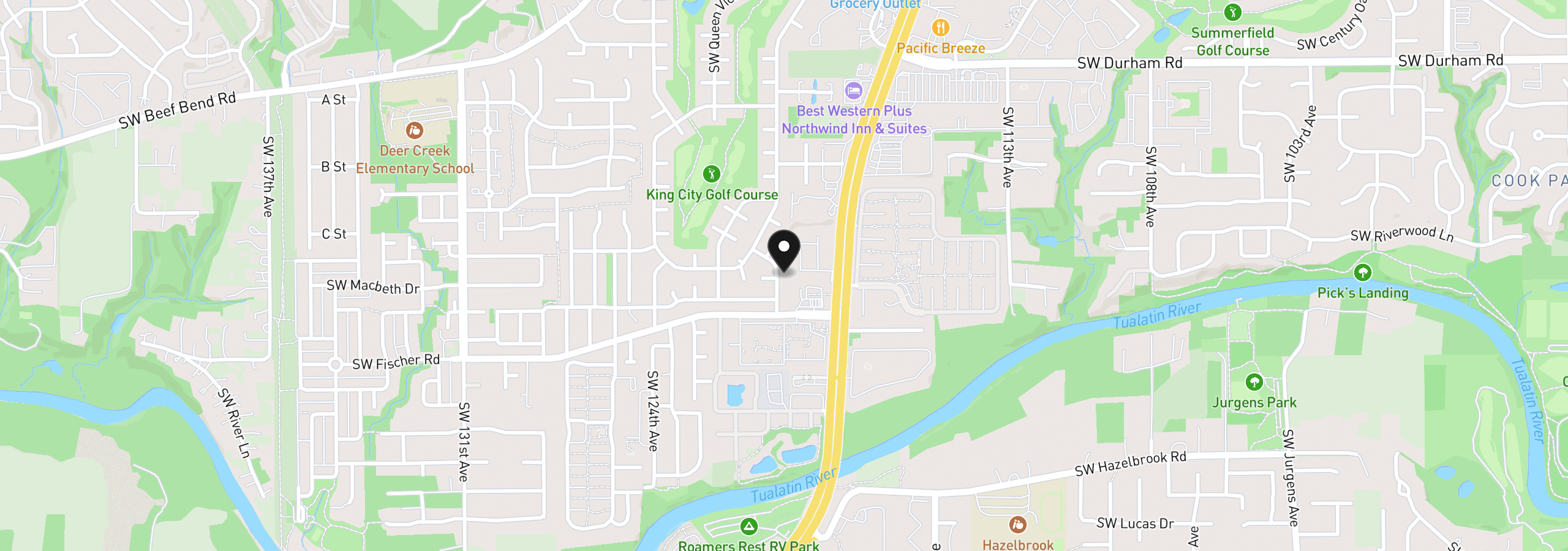 Map showing the location of 16710 SW Queen Anne Ave, King City, OR 97224