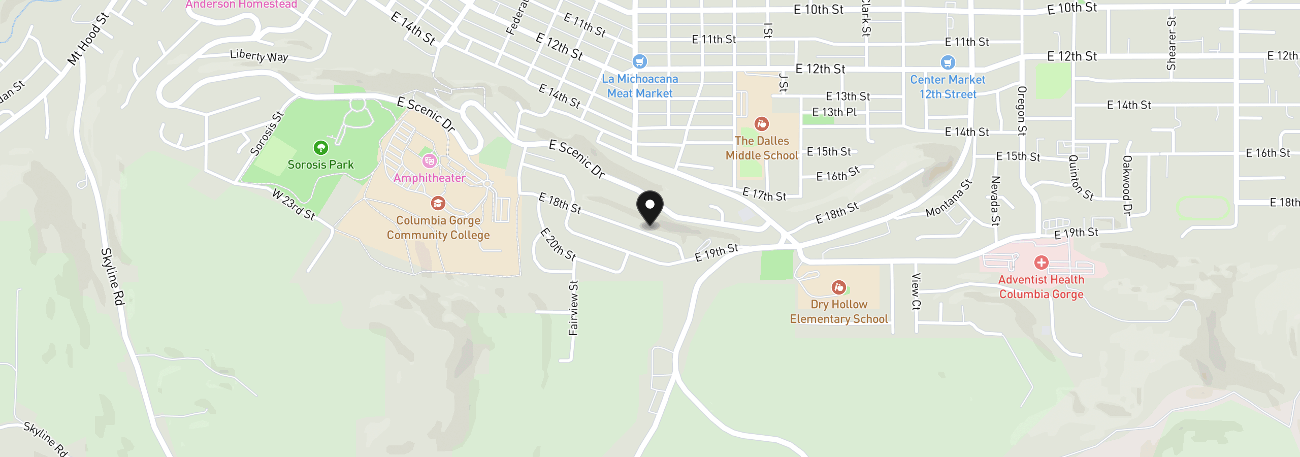 Map showing the location of 907 E 18th St, The Dalles, OR 97058