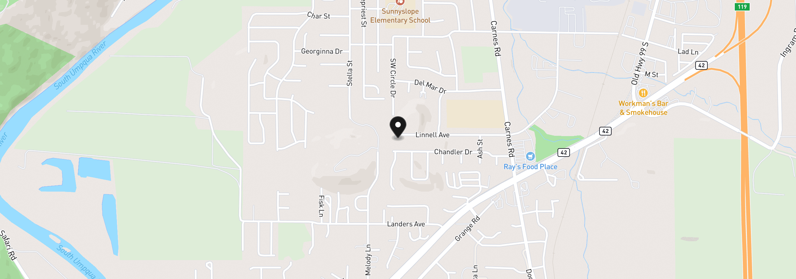 Map showing the location of 2233 Linnell Ave, Roseburg, OR 97471