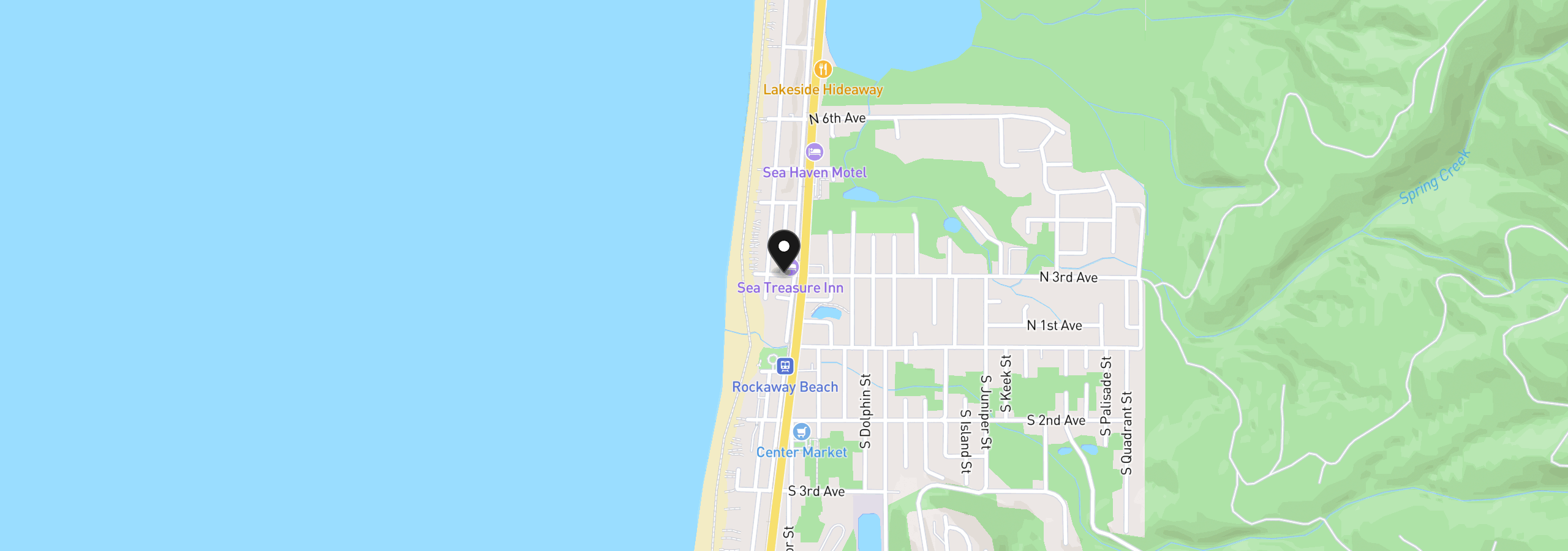 Map showing the location of 130 N 3rd Ave, Rockaway Beach, OR 97136