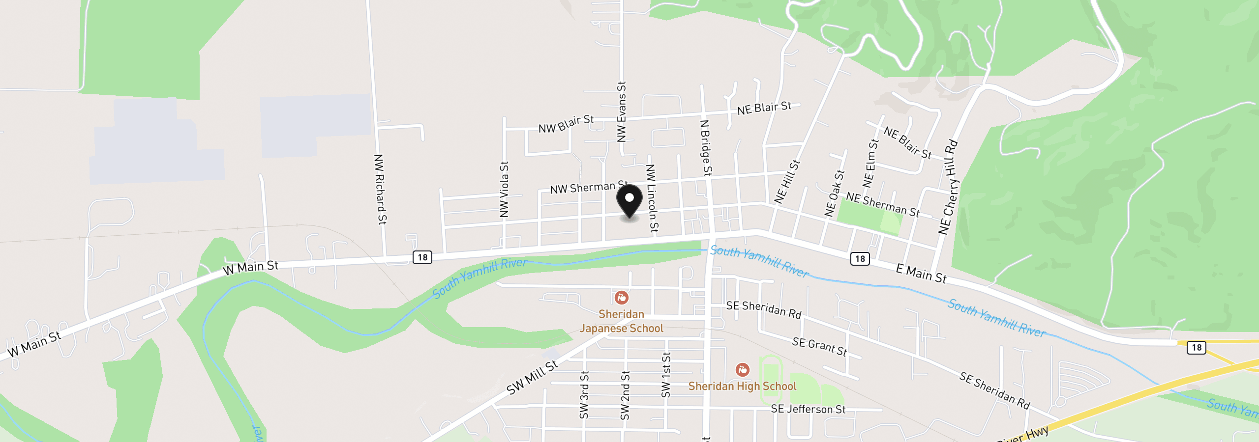 Map showing the location of 348 NW Yamhill St, Sheridan, OR 97378