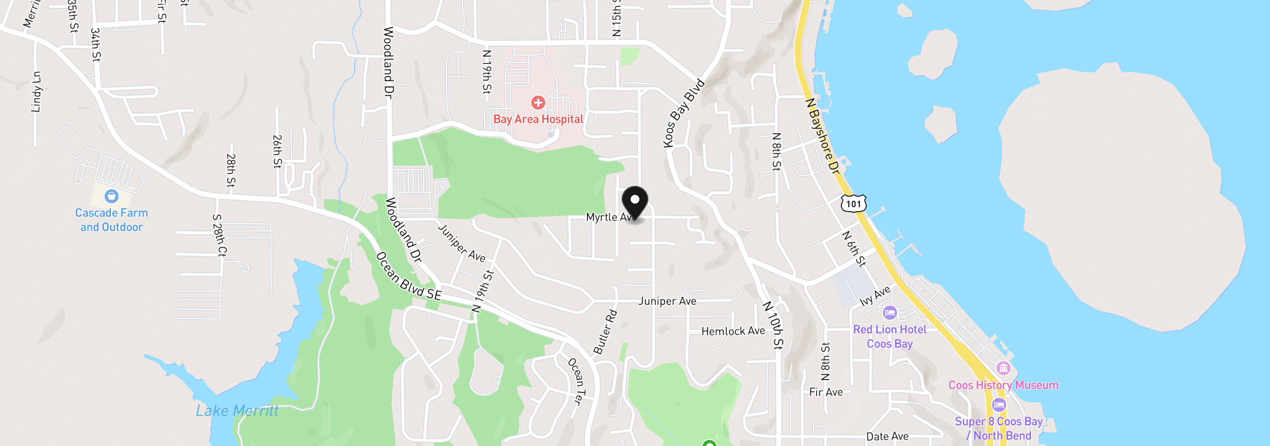 Map showing the location of 1449 Myrtle Ave, Coos Bay, OR 97420