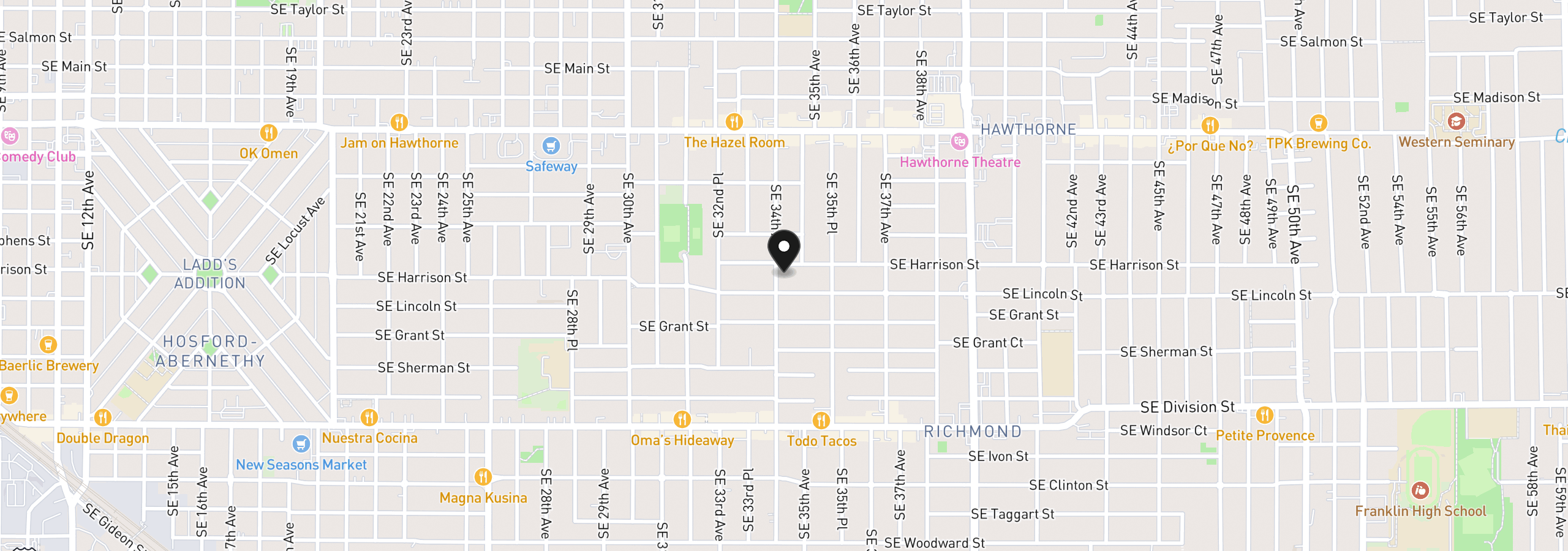 Map showing the location of 2020 SE 34th Ave, Portland, OR 97214