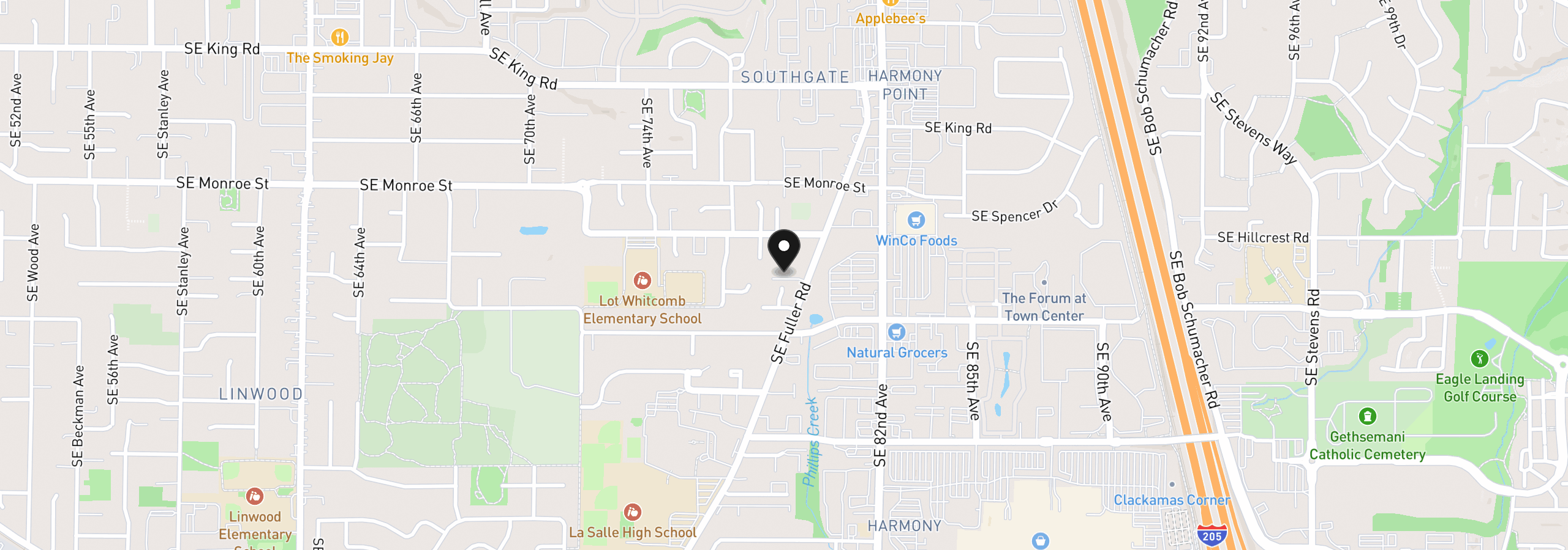 Map showing the location of 7865 SE Phillips Creek Ln, Milwaukie, OR 97222