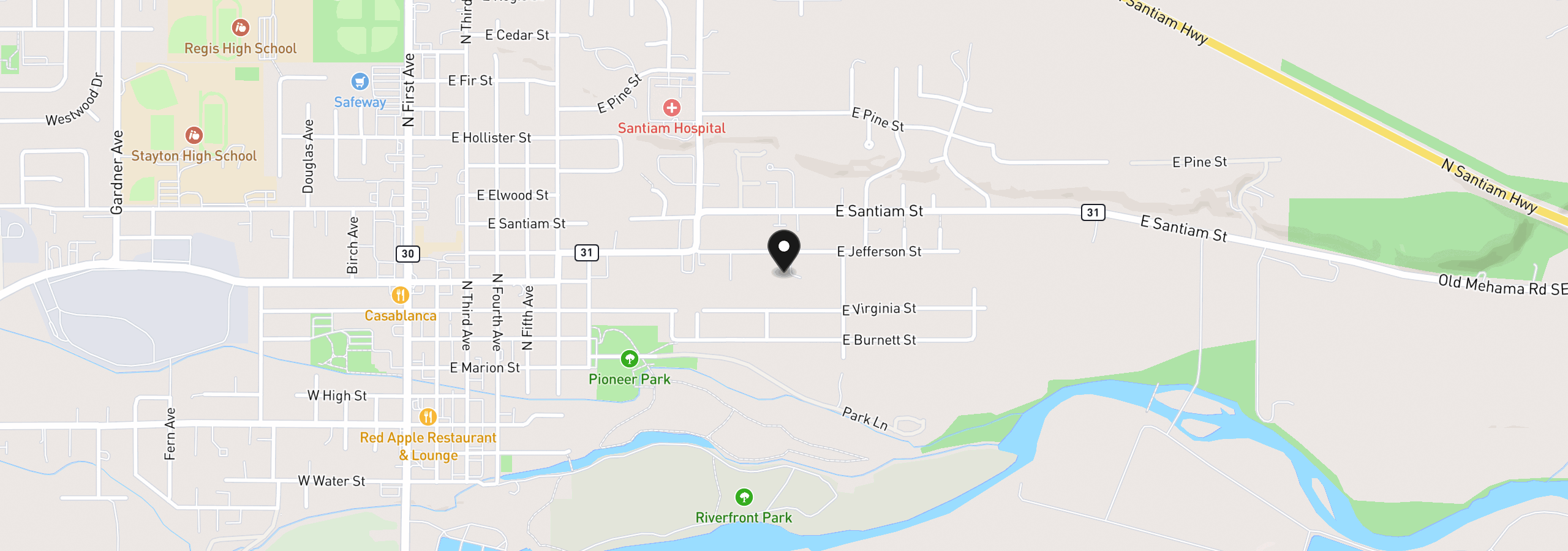 Map showing the location of 1270 E Jefferson St, Stayton, OR 97383