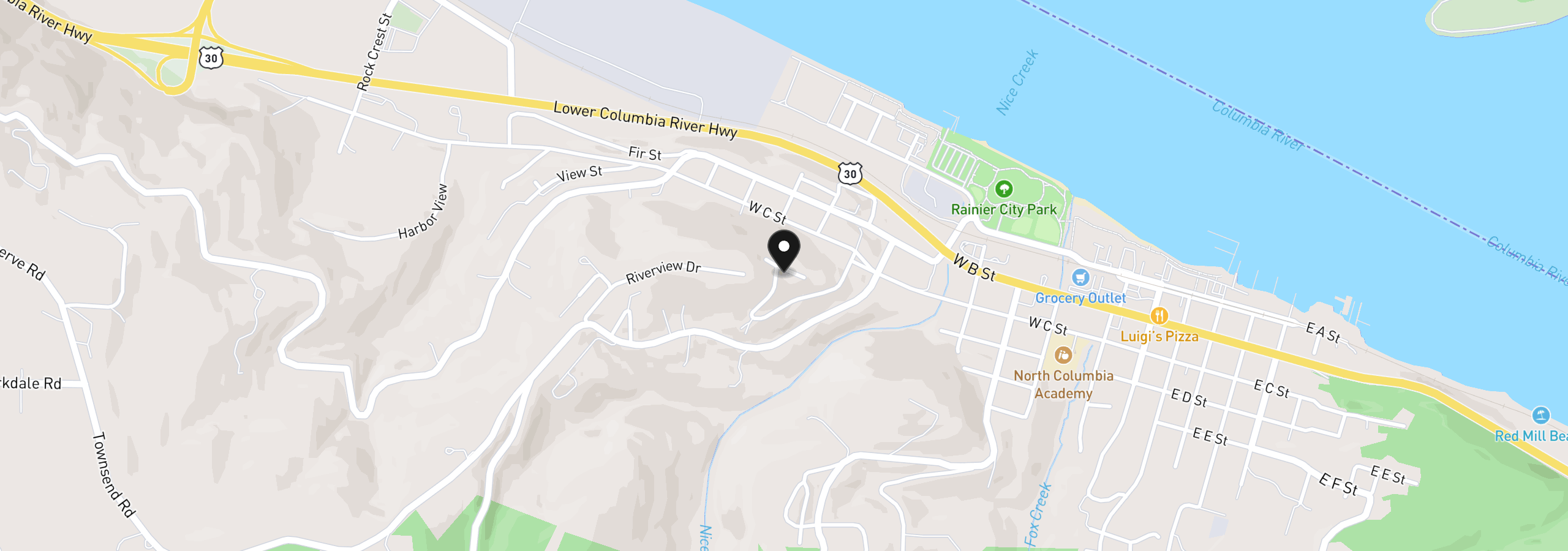 Map showing the location of 30013 Maple Dr, Rainier, OR 97048