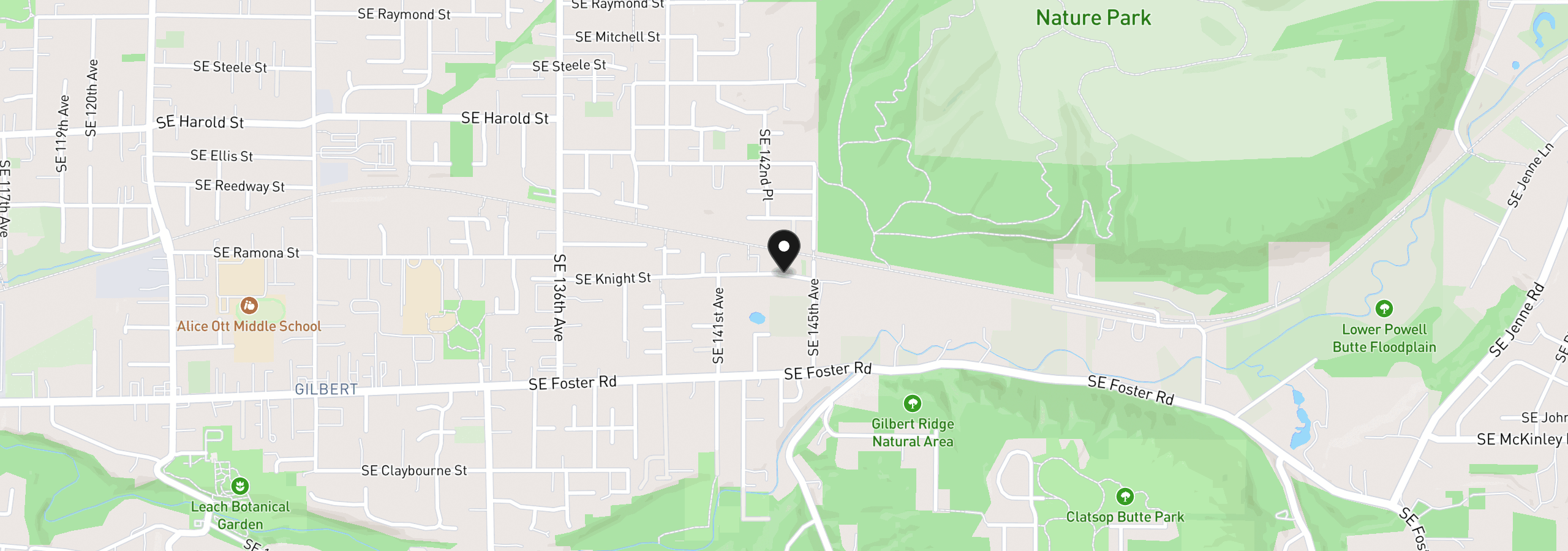 Map showing the location of 14364 SE Knight St, Portland, OR 97236
