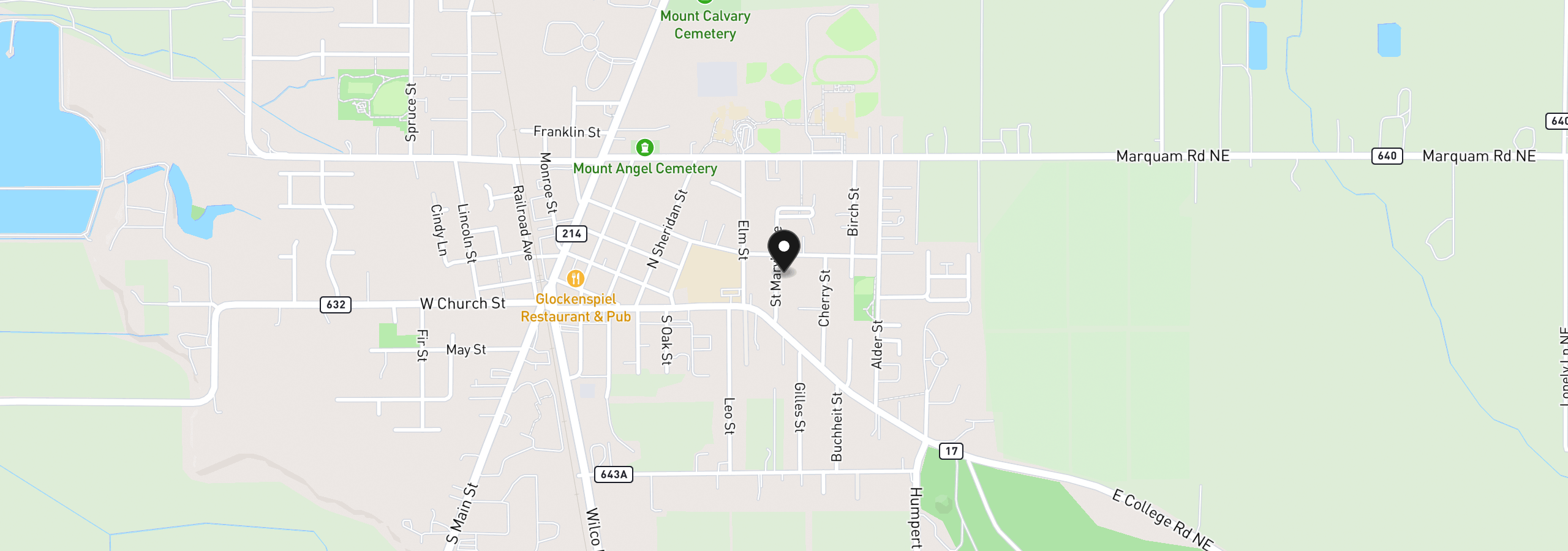 Map showing the location of 175 St Marys Ave, Mt. Angel, OR 97362