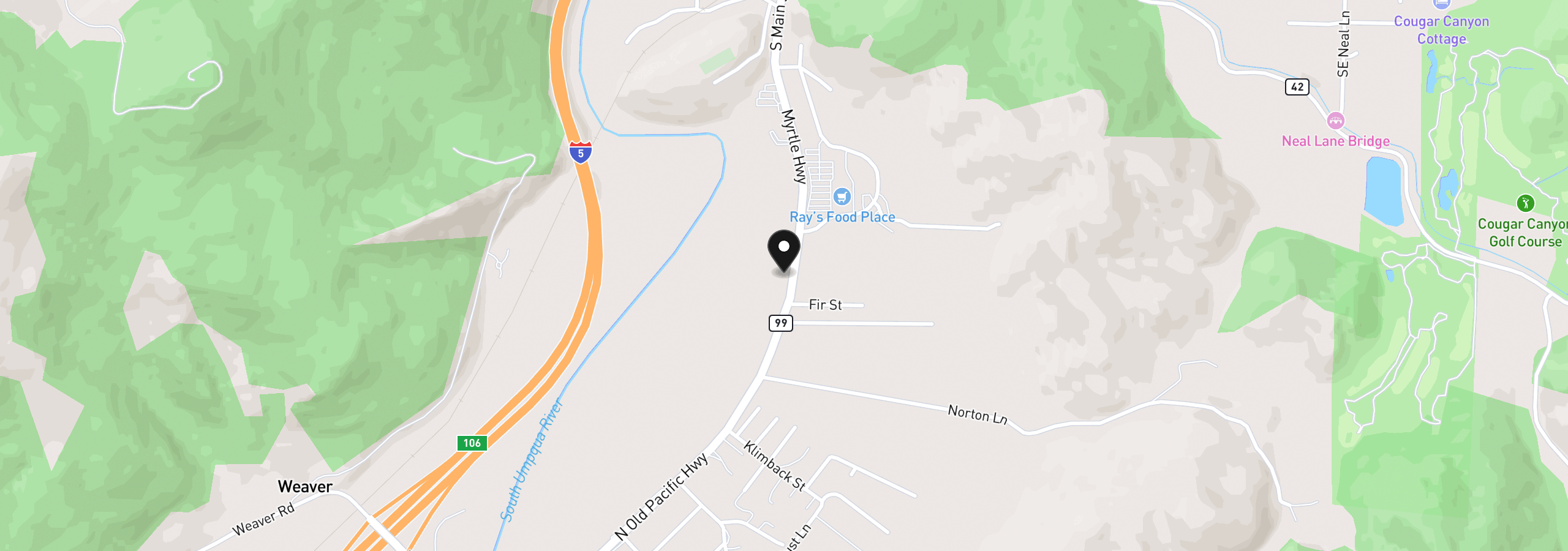 Map showing the location of 1383 N Old Pacific Hwy, Myrtle Creek, OR 97457