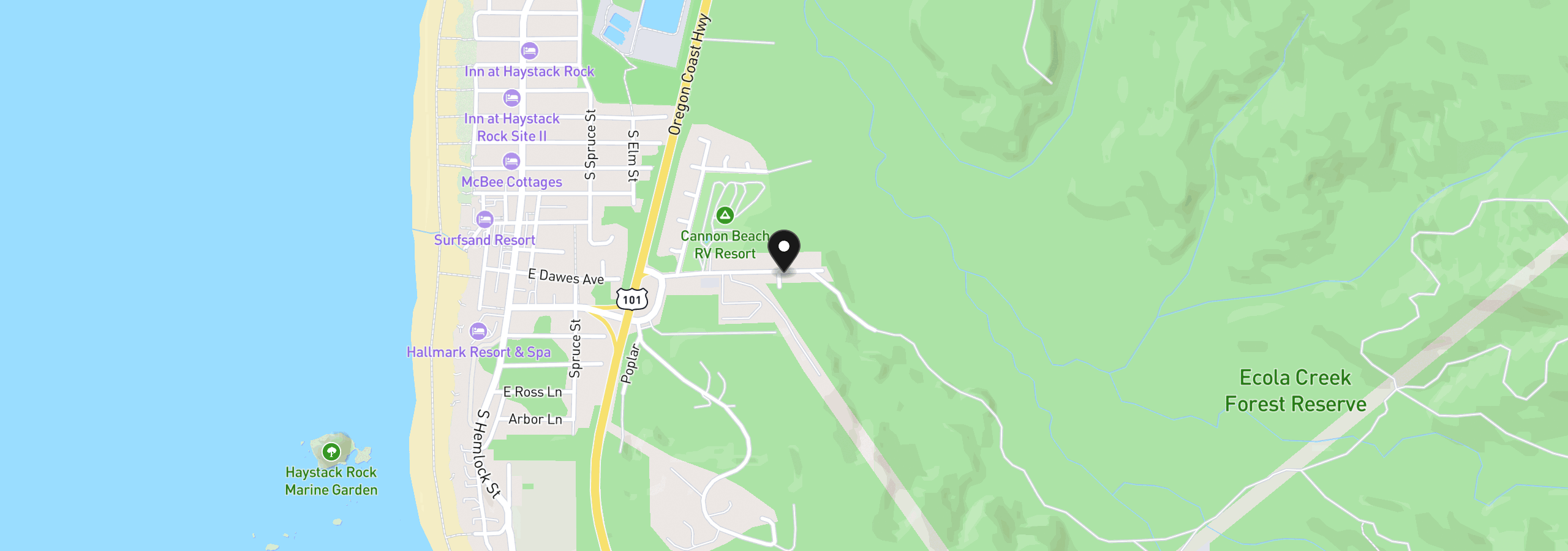 Map showing the location of 411 Elk Creek Rd, Cannon Beach, OR 97110