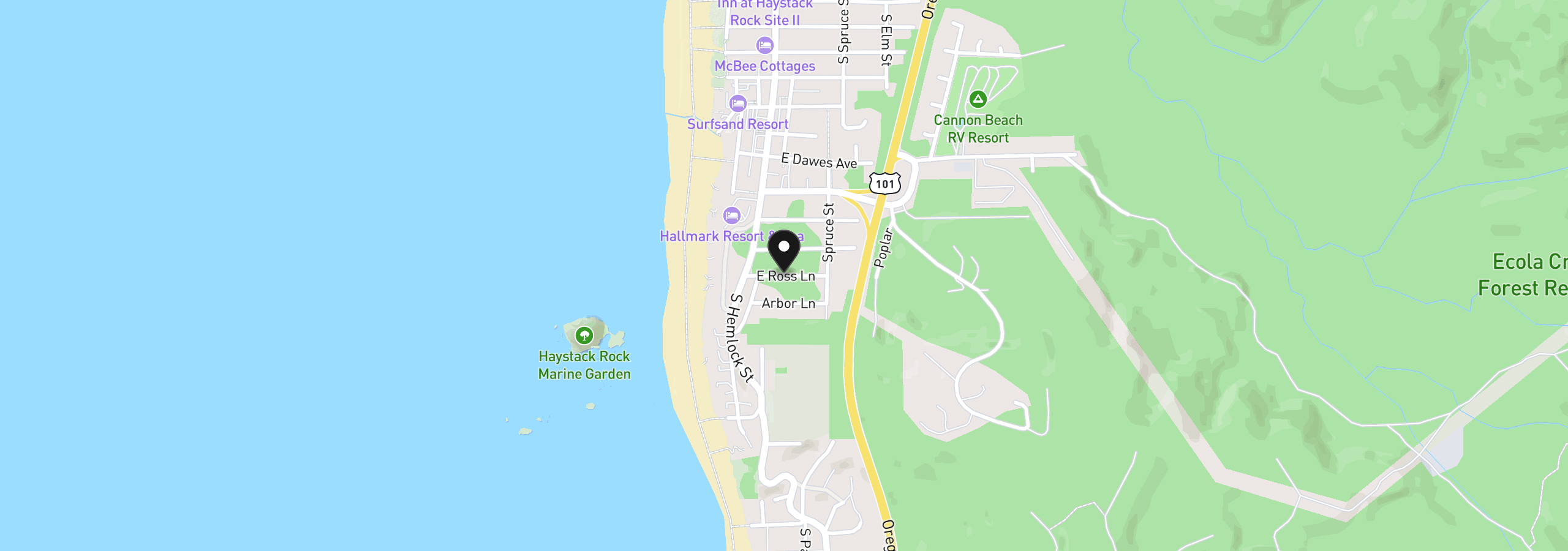 Map showing the location of Ross Ln, Cannon Beach, OR 97110