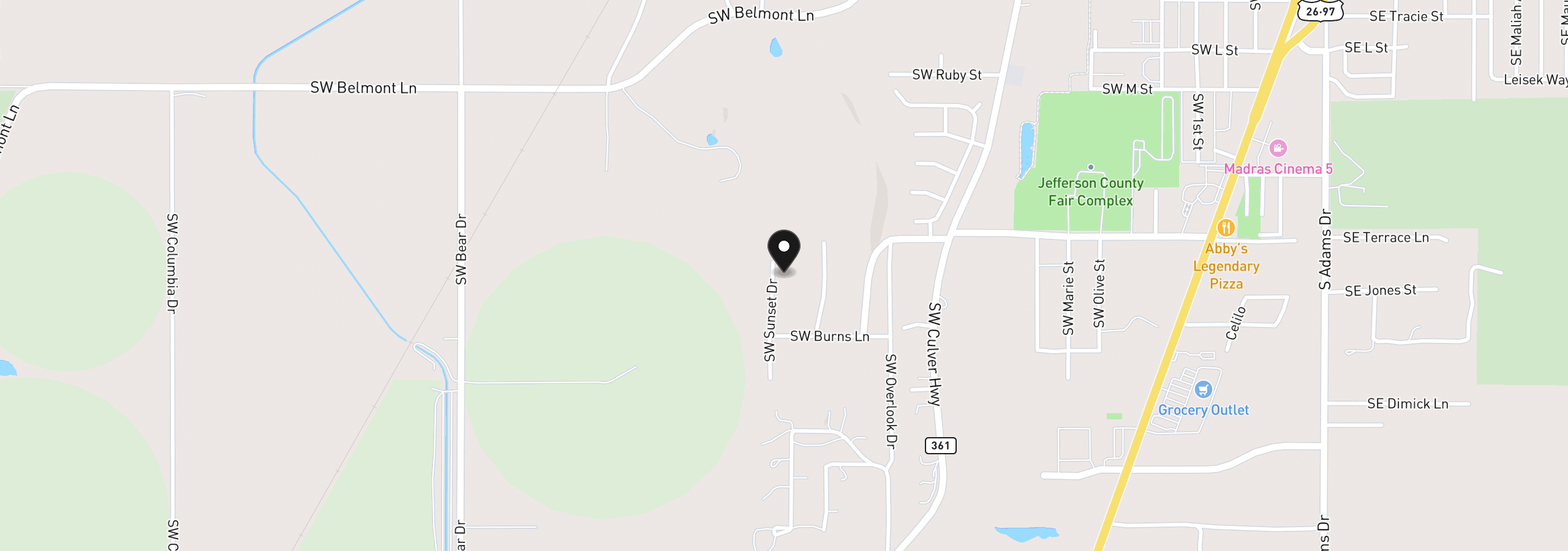 Map showing the location of 1455 SW Sunset Dr, Madras, OR 97741