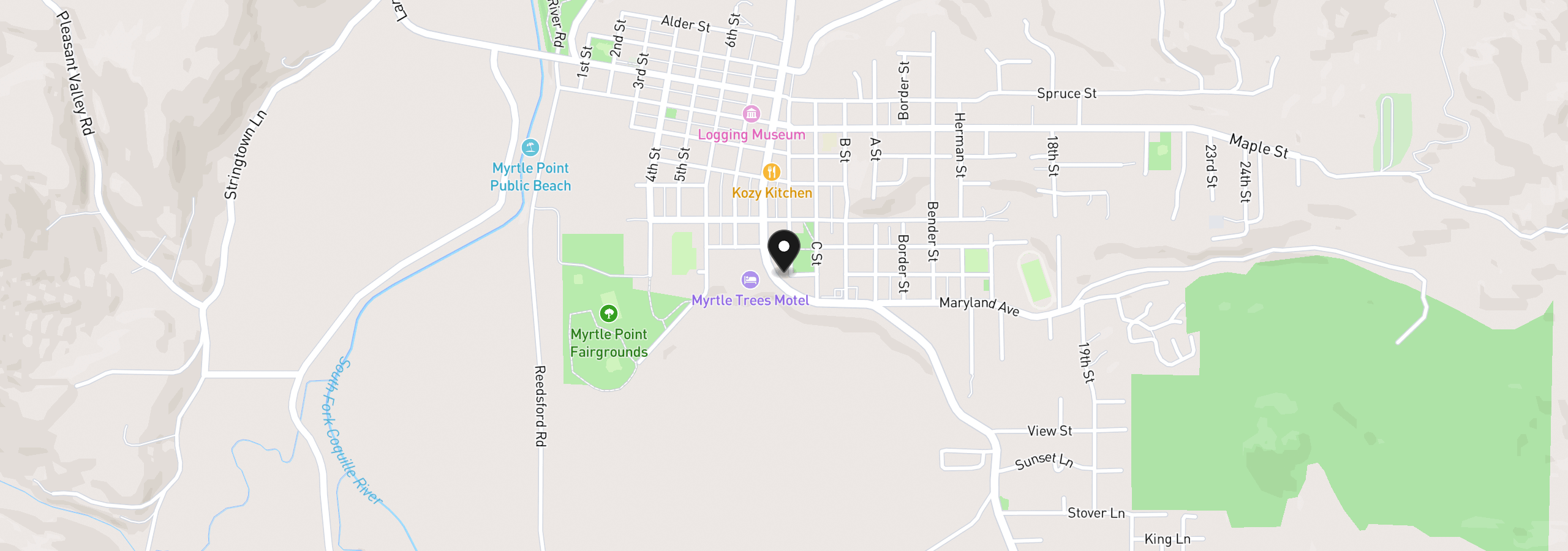 Map showing the location of 832 Doborout St, Myrtle Point, OR 97458