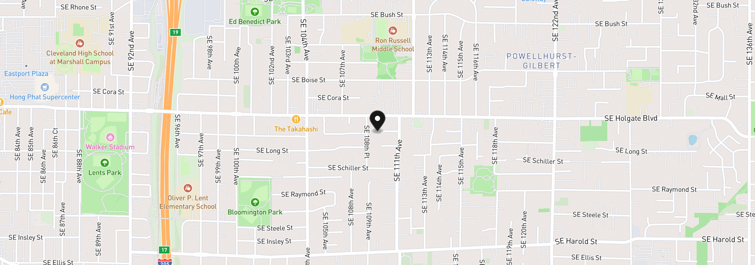 Map showing the location of 10910 SE Pardee St, Portland, OR 97266