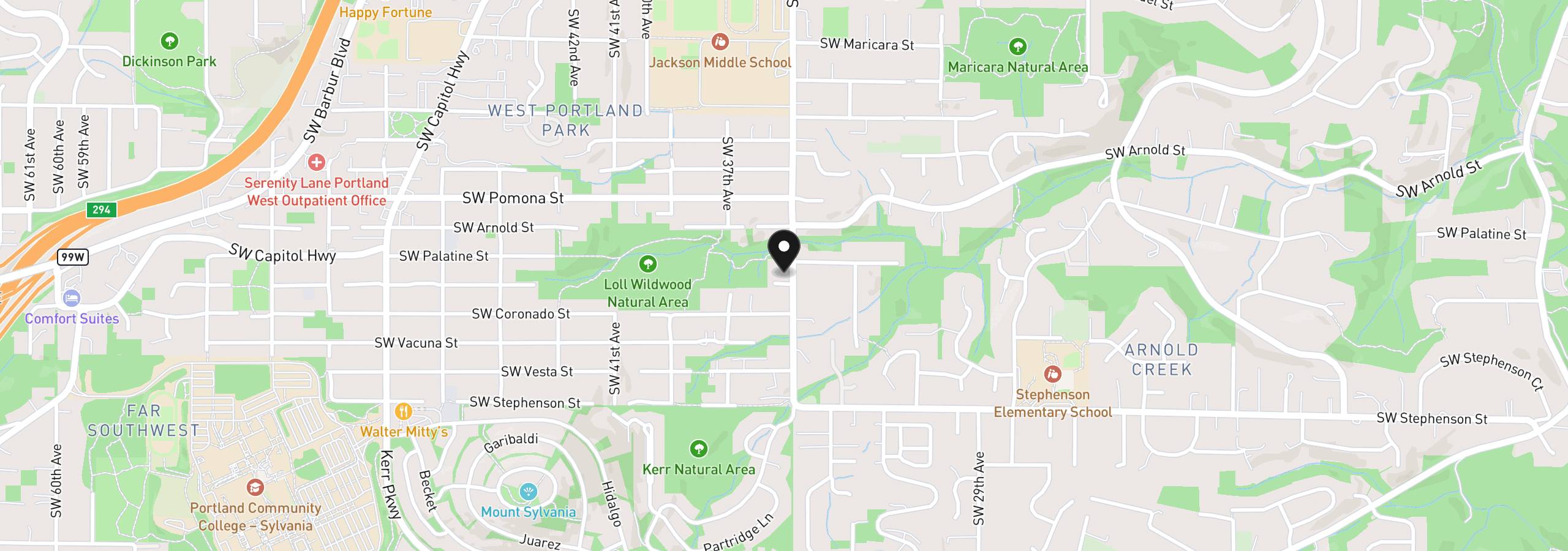 Map showing the location of 3535 SW Buddington St, Portland, OR 97219