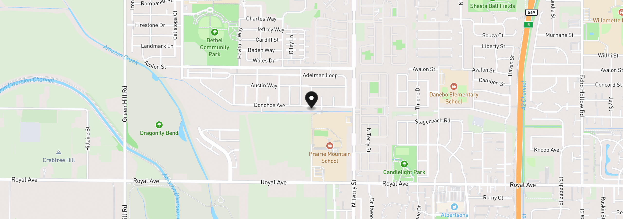 Map showing the location of 5398 Donohoe Ave, Eugene, OR 97402