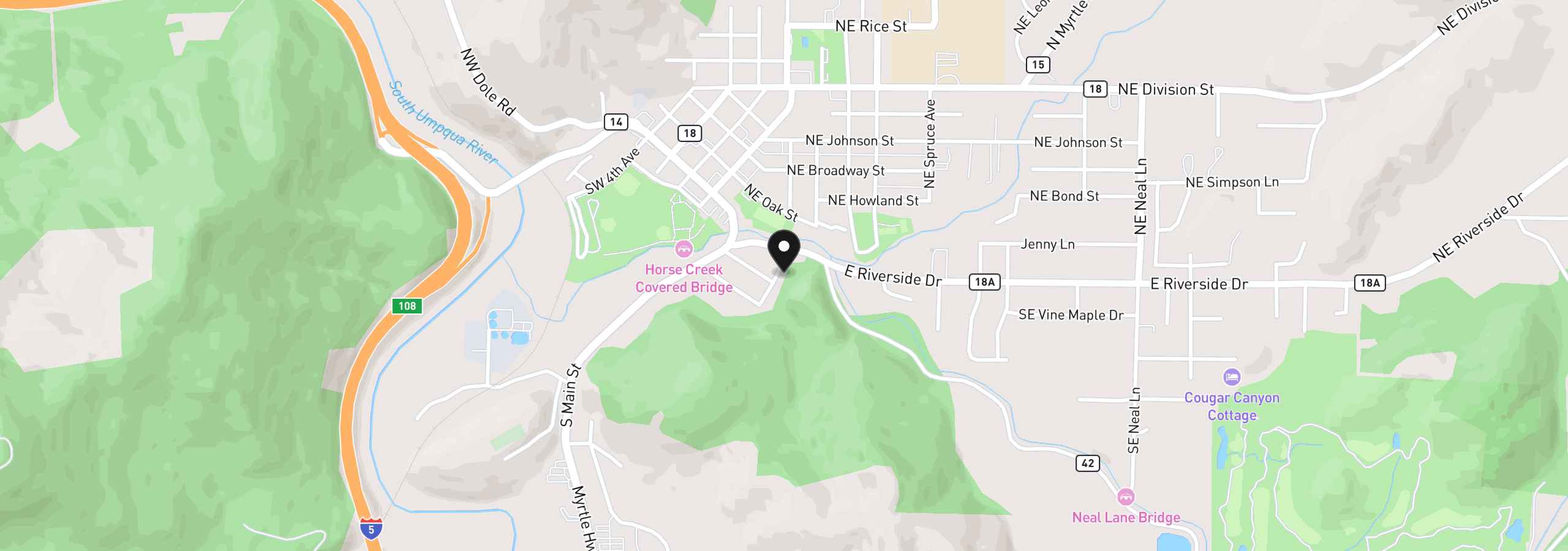 Map showing the location of 147 SE Pete Ave, Myrtle Creek, OR 97457