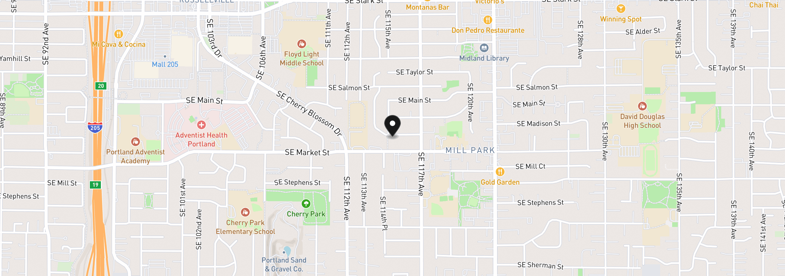 Map showing the location of 11500 SE Hawthorne St, Portland, OR 97216
