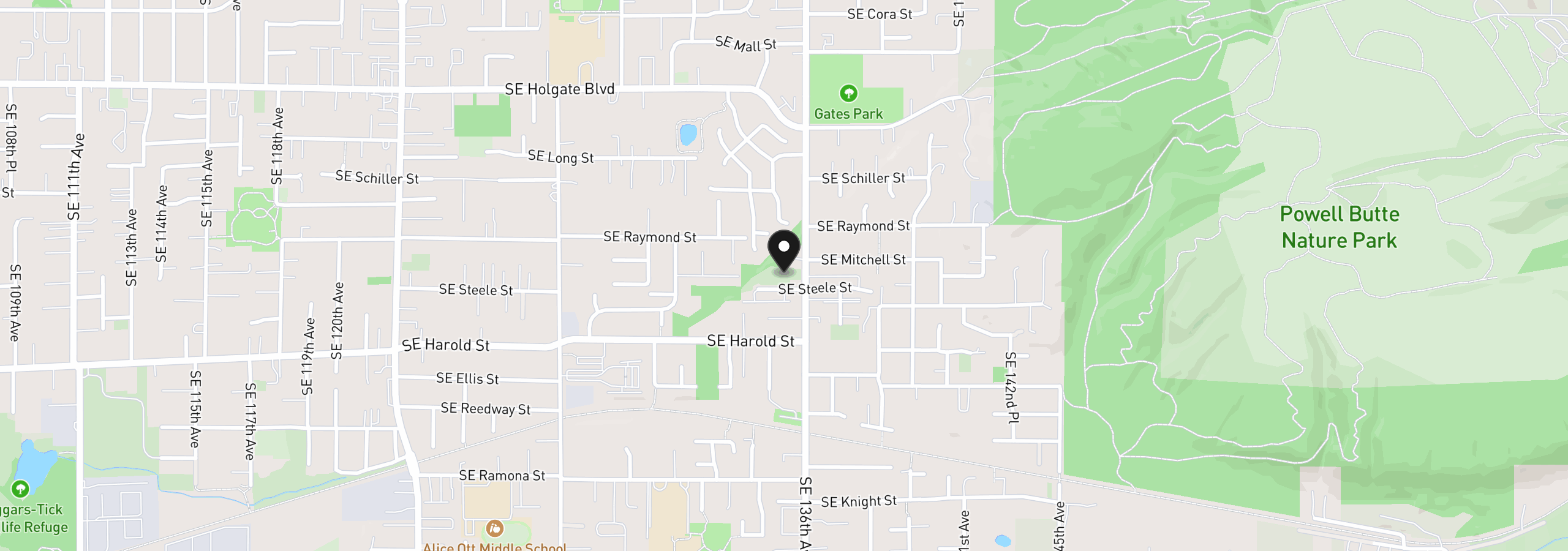 Map showing the location of SE Steele St, Portland, OR 97236