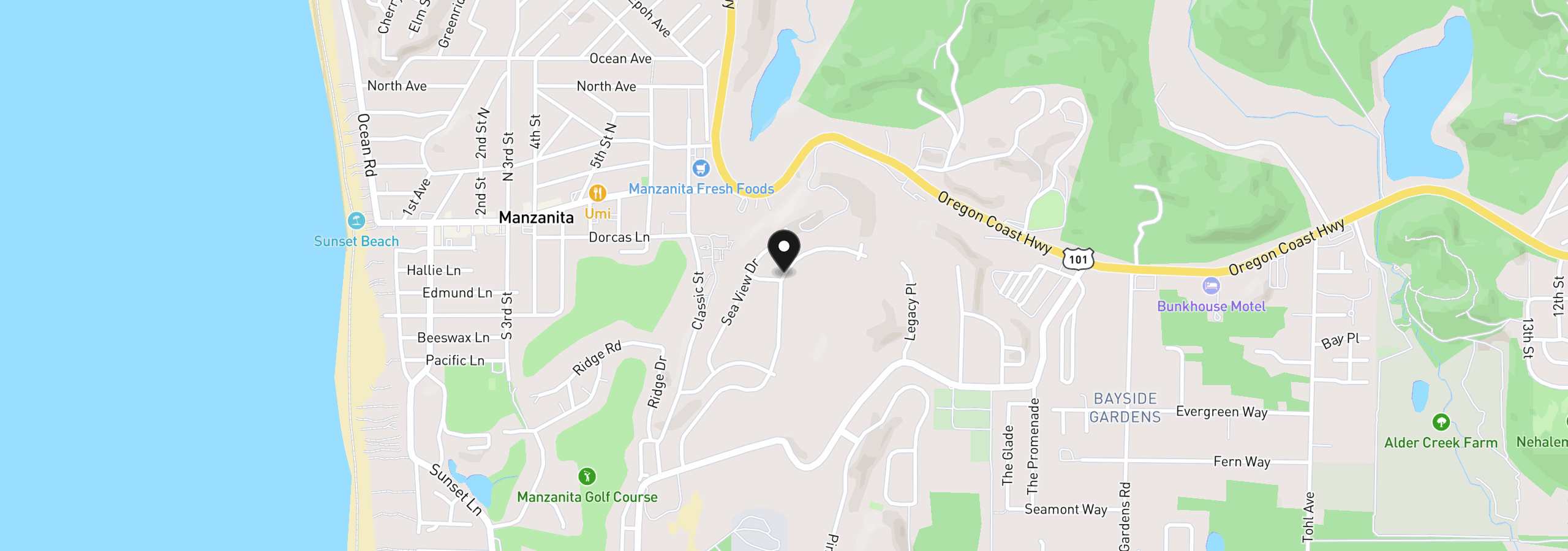 Map showing the location of 423 Meadows Dr, Manzanita, OR 97130