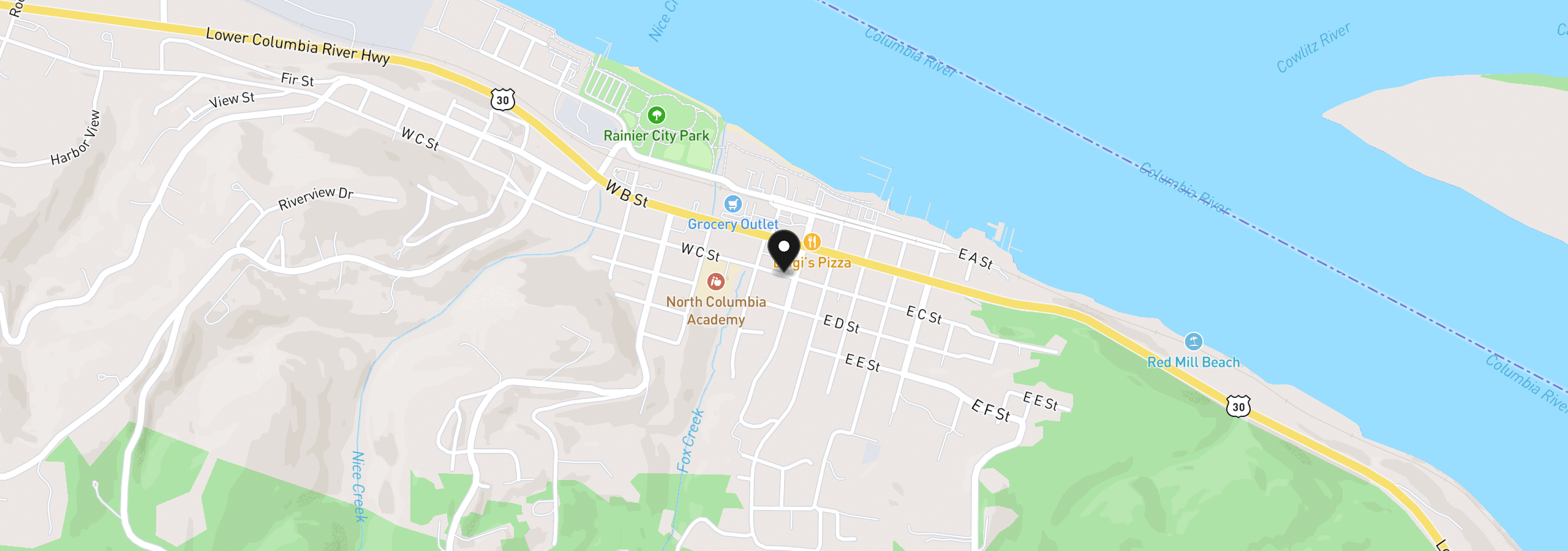 Map showing the location of W C St, Rainier, OR 97048