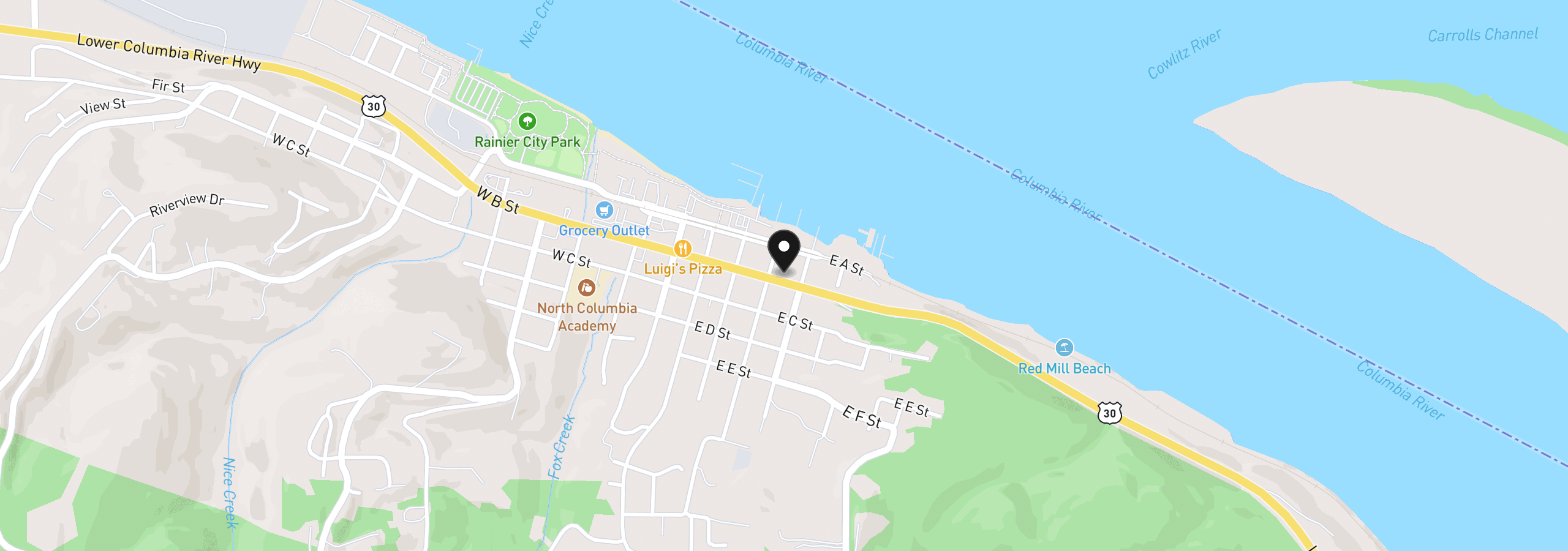 Map showing the location of 409 Columbia River Hwy, Rainier, OR 97048