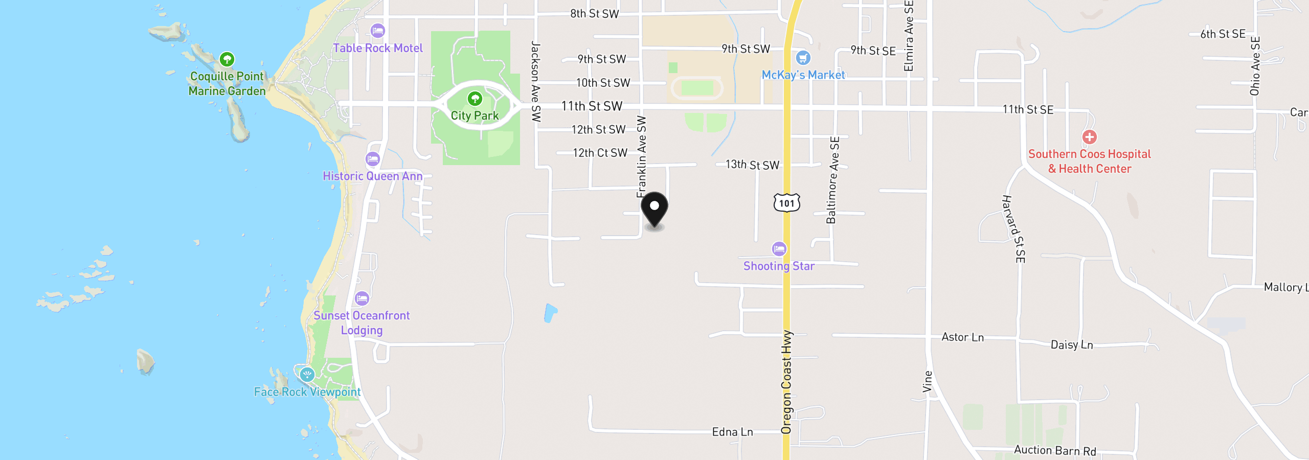 Map showing the location of Franklin Rd SW 6-10, Bandon, OR 97411