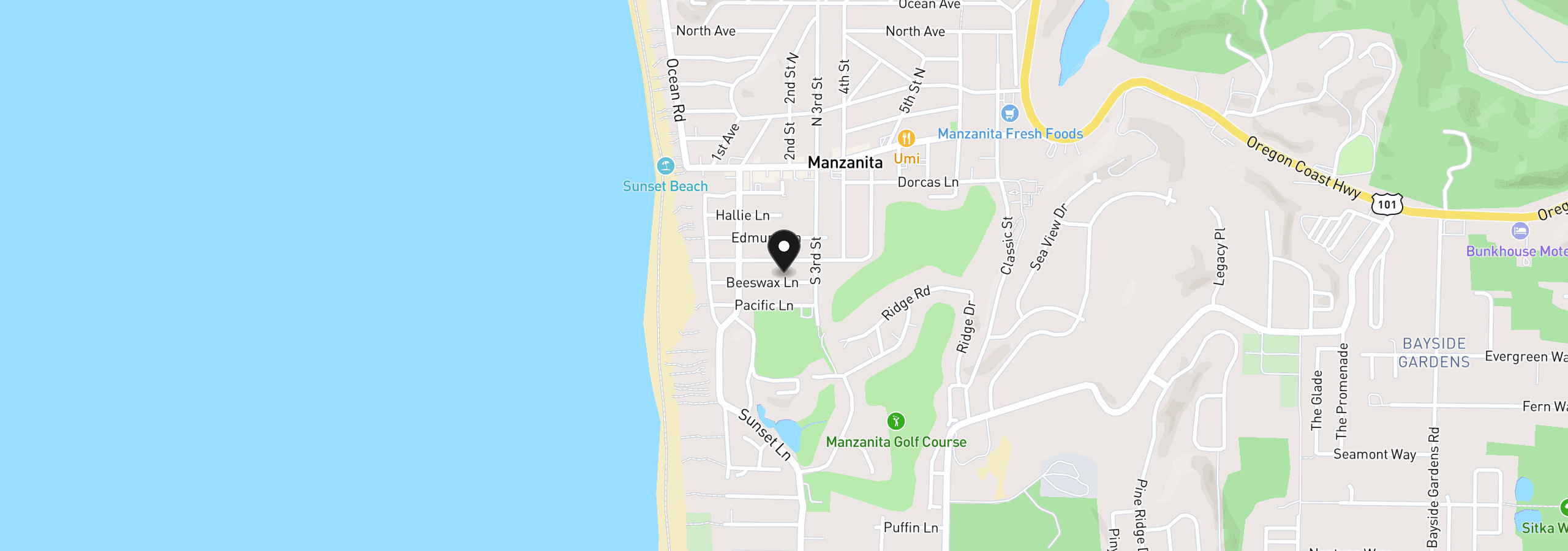 Map showing the location of 215 Beeswax Ln, Manzanita, OR 97130
