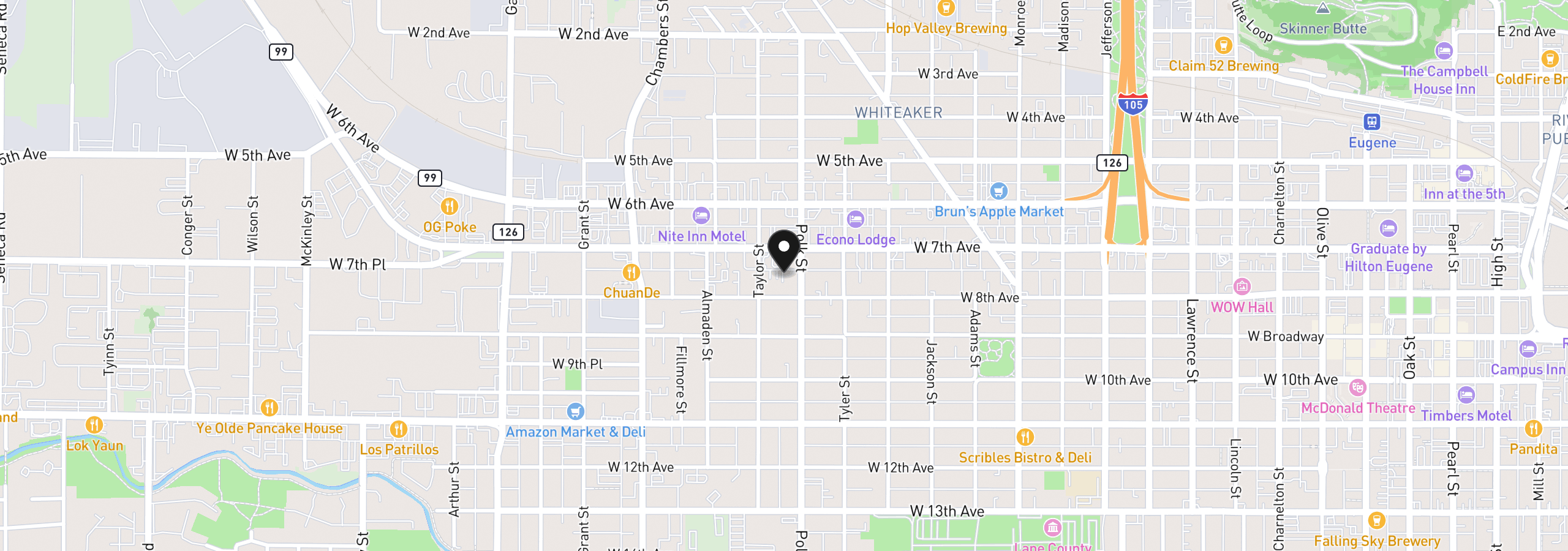 Map showing the location of W 7th Aly, Eugene, OR 97402