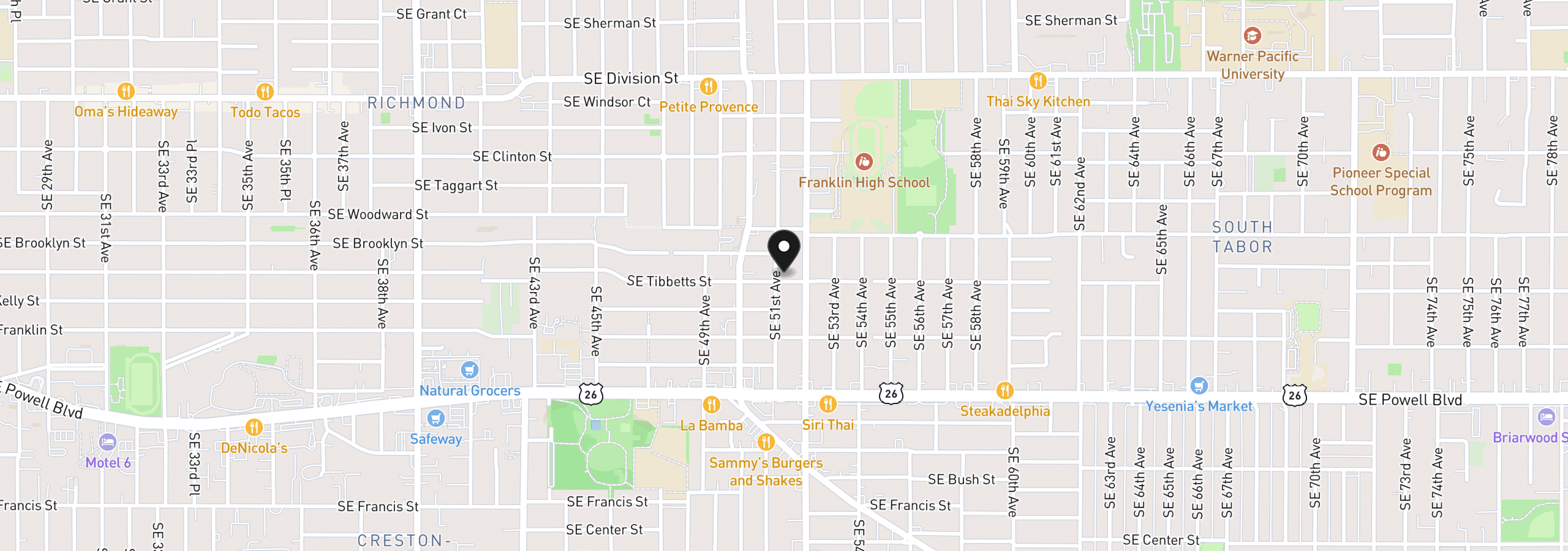 Map showing the location of 5105 SE Tibbetts St, Portland, OR 97206