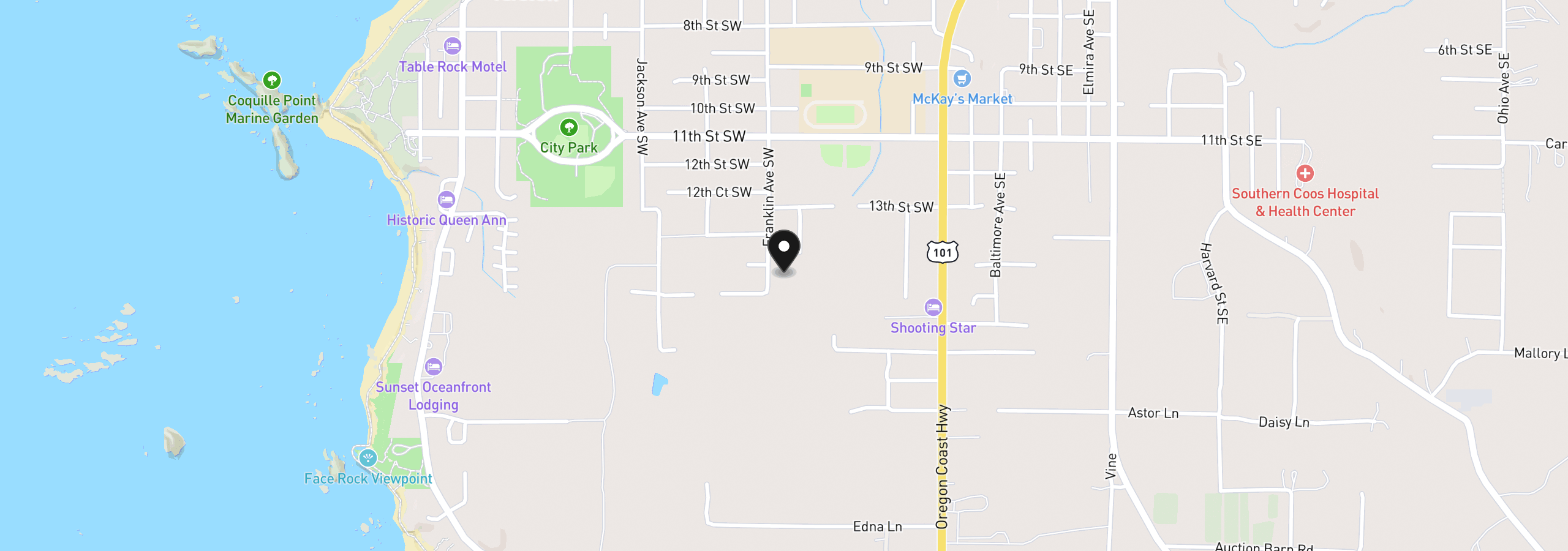 Map showing the location of SW Franklin Rd, Bandon, OR 97411