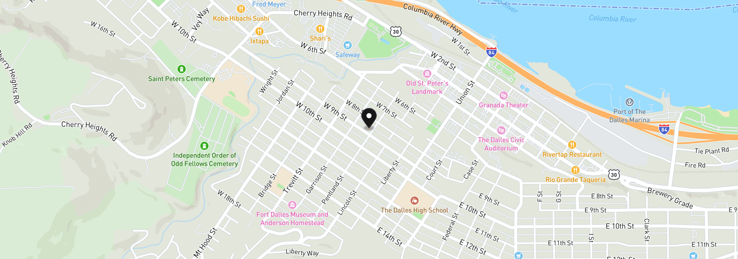 Map showing the location of 403 W 9th St, The Dalles, OR 97058