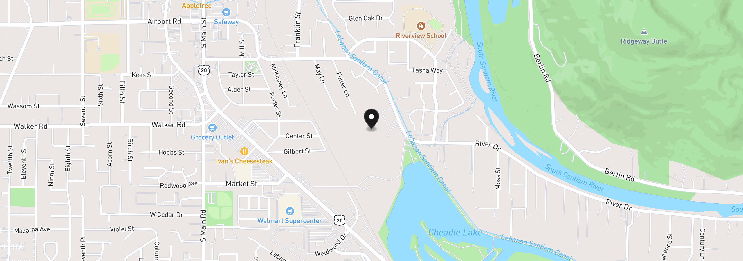 Map showing the location of 726 Cheadel Lake Ct, Lebanon, OR 97355