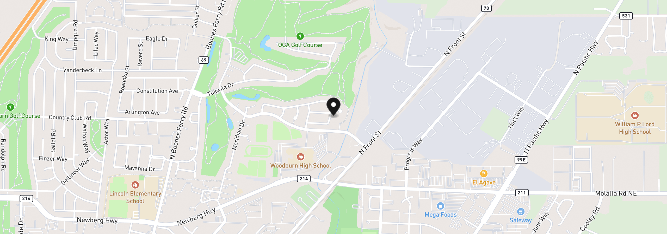 Map showing the location of 2548 Edgewater Dr, Woodburn, OR 97071