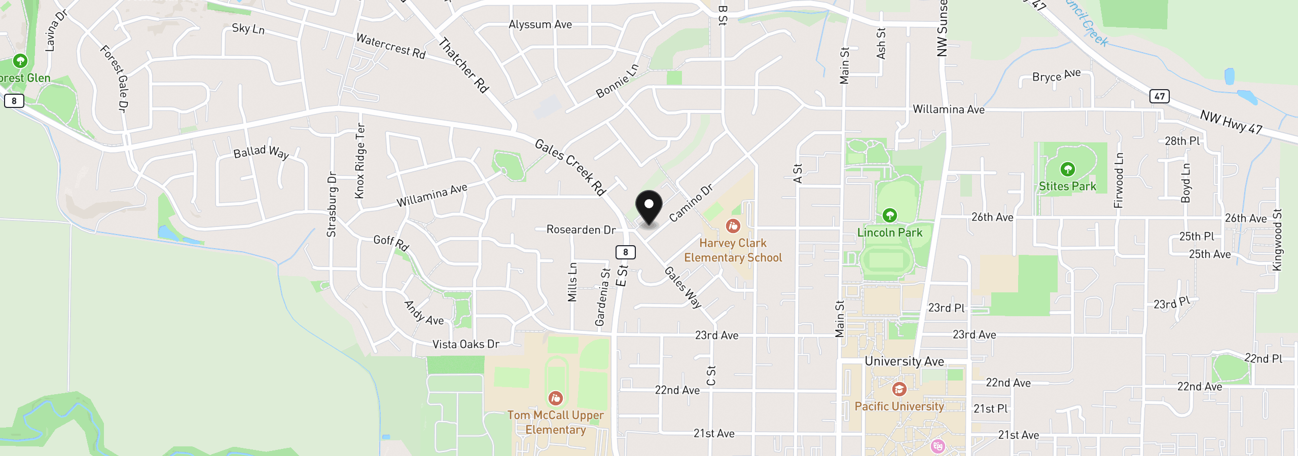 Map showing the location of 1611 Camino Dr, Forest Grove, OR 97116