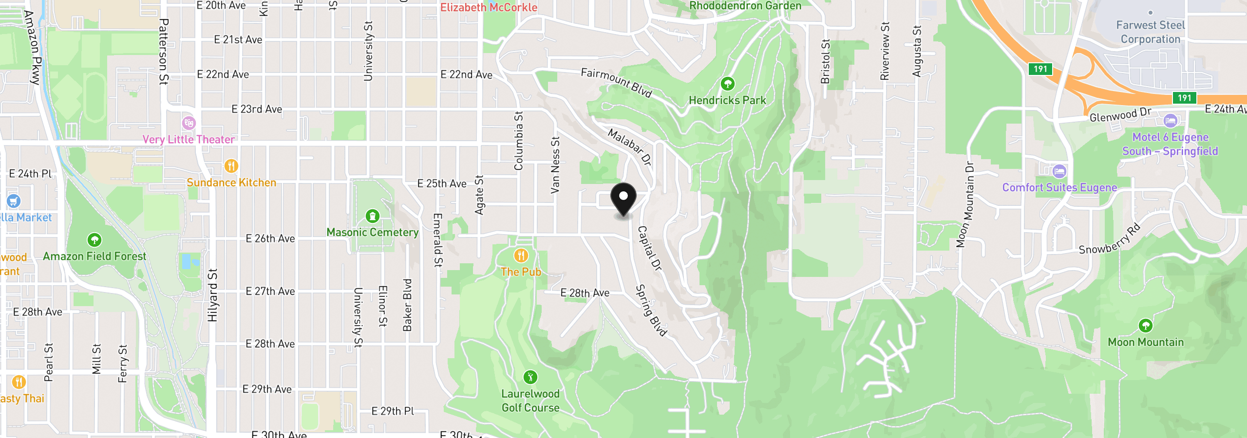 Map showing the location of 2606 Spring Blvd, Eugene, OR 97403