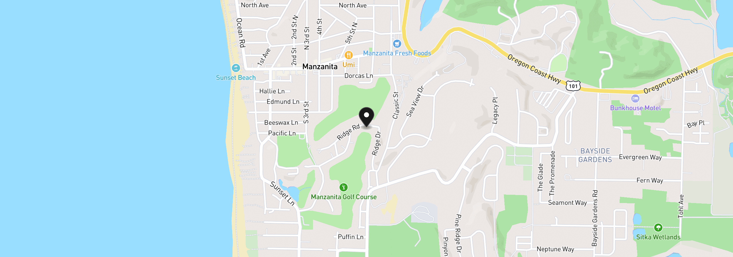 Map showing the location of 596 Ridge Rd, Manzanita, OR 97130