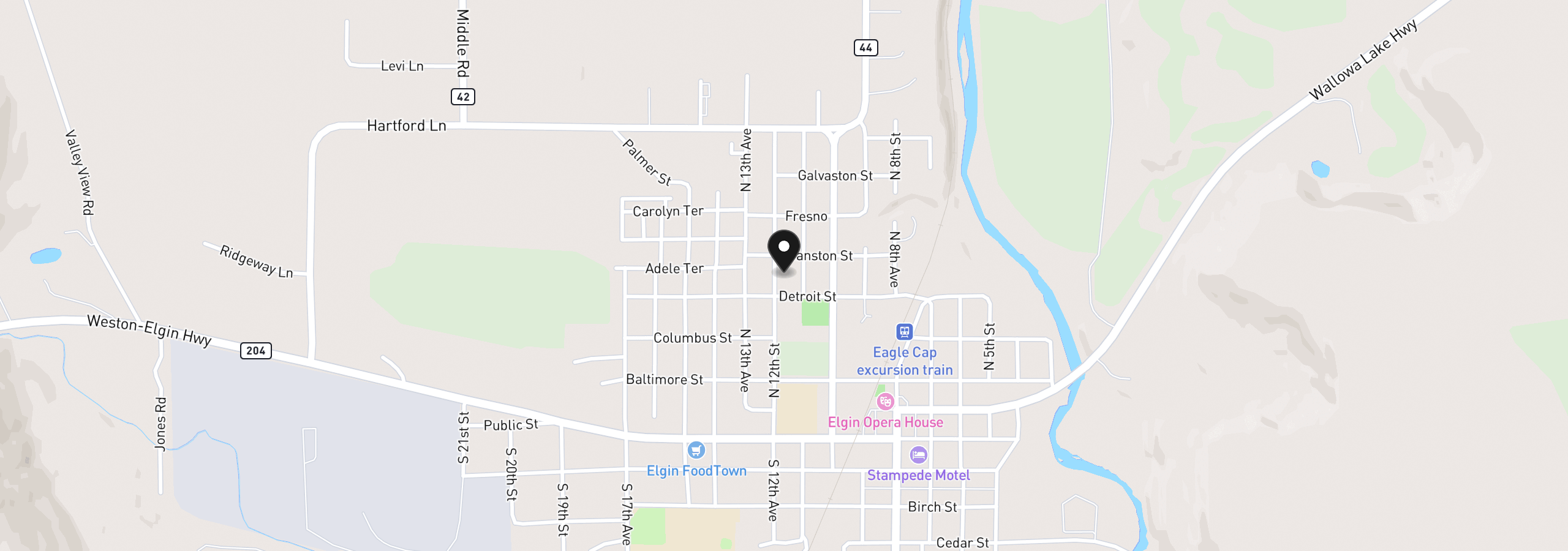 Map showing the location of 425 N 12th Ave, Elgin, OR 97827