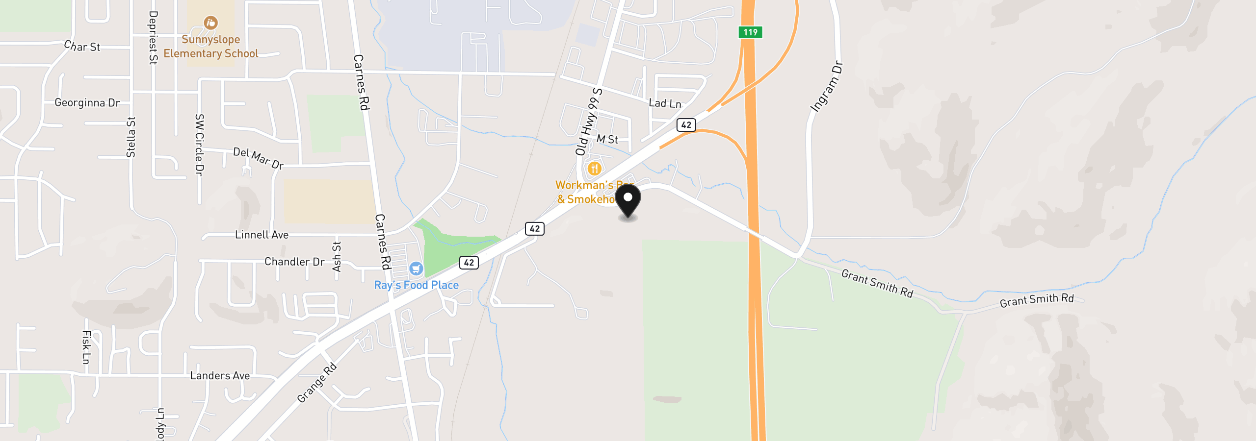 Map showing the location of 261 Grant Smith Rd, Roseburg, OR 97471