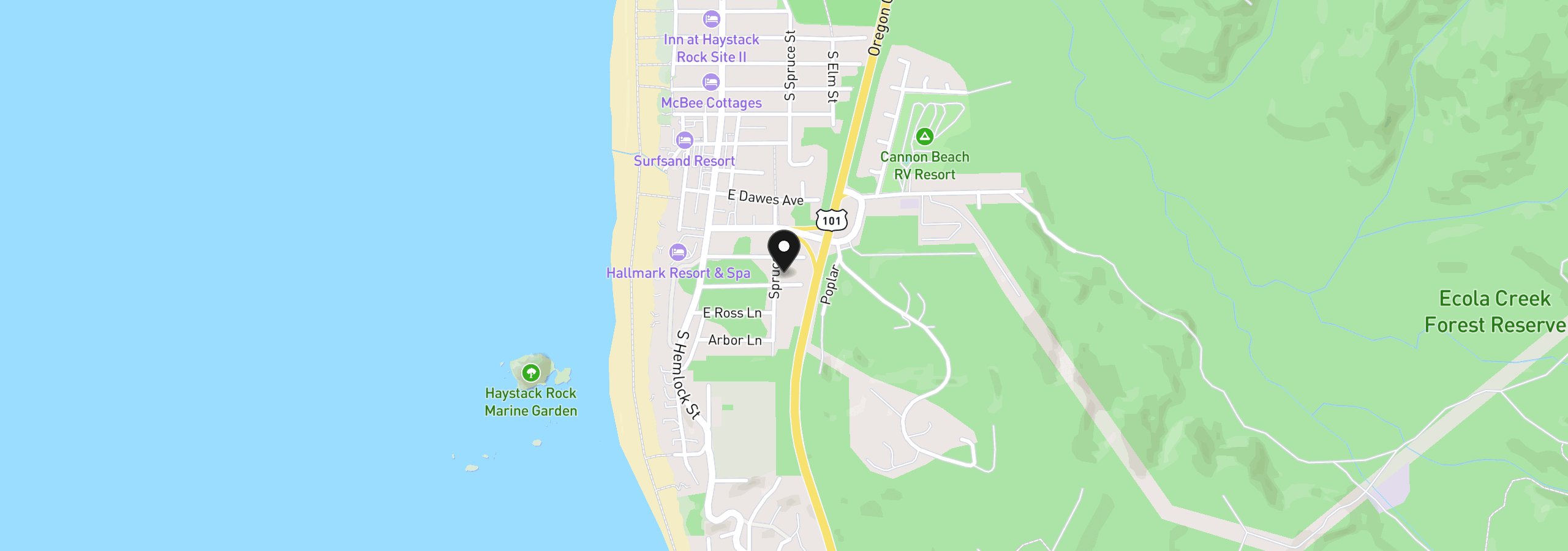 Map showing the location of 1587 S Spruce St, Cannon Beach, OR 97110