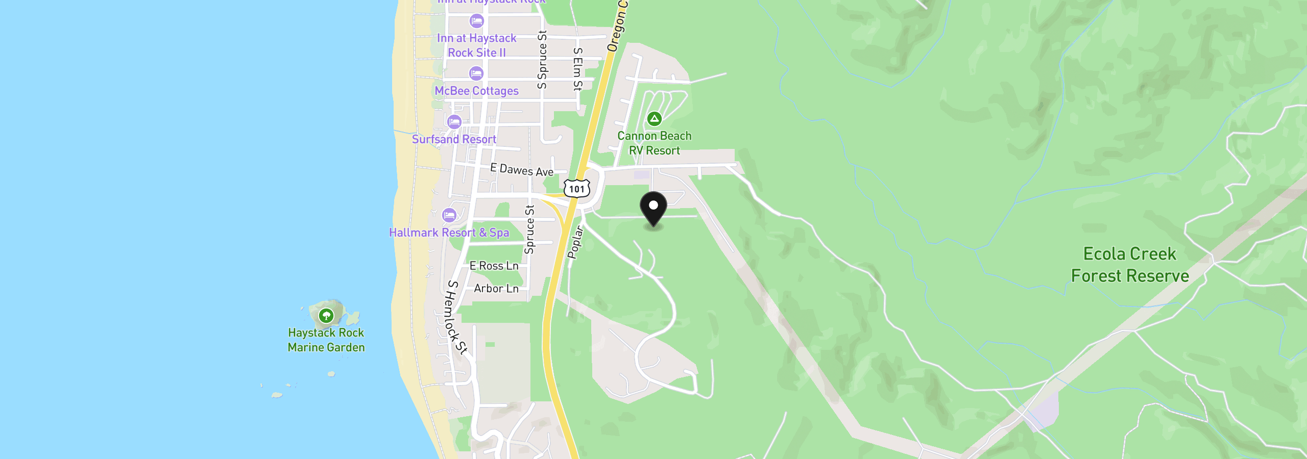Map showing the location of Reservoir Rd, Cannon Beach, OR 97110