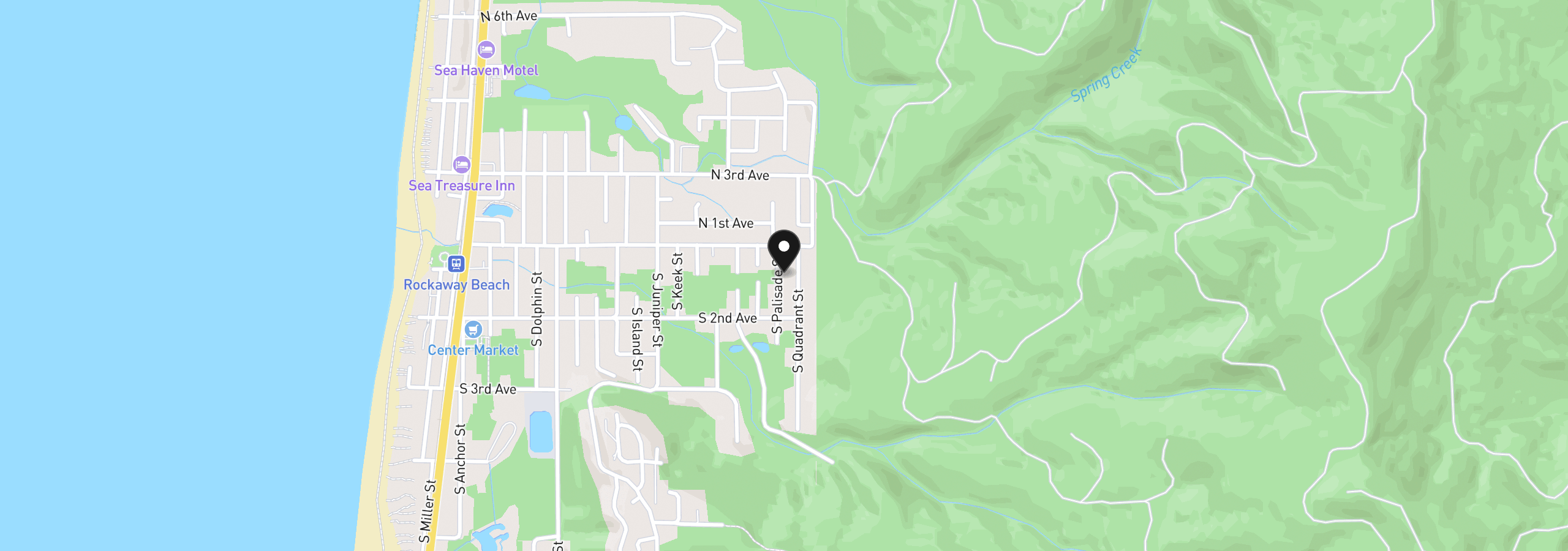 Map showing the location of 140 S Palisades St, Rockaway Beach, OR 97136