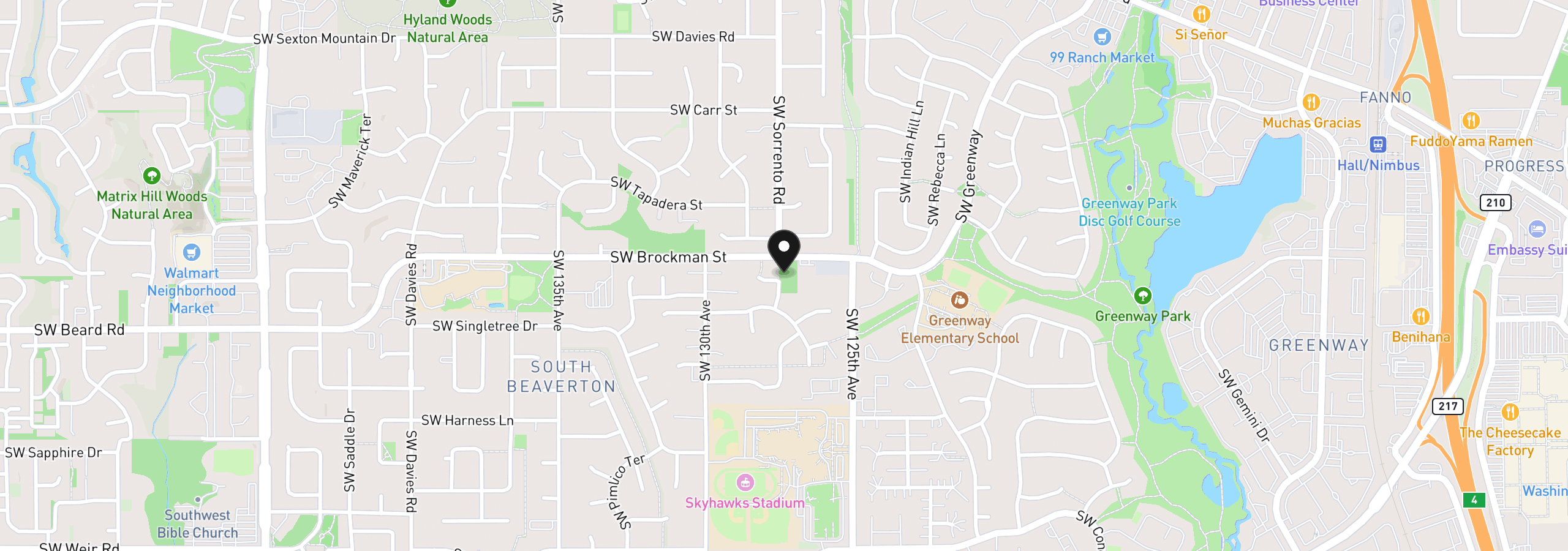Map showing the location of 12720 SW Brockman St, Beaverton, OR 97008