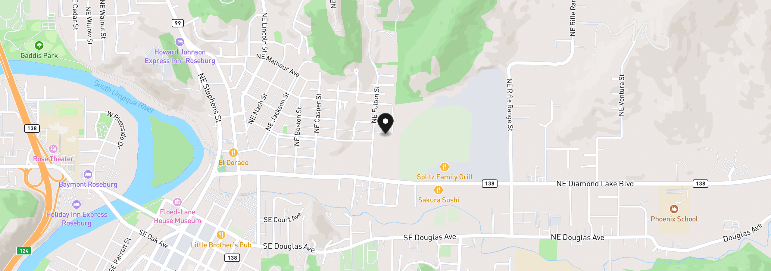 Map showing the location of 2126 NE Commercial Ave, Roseburg, OR 97470