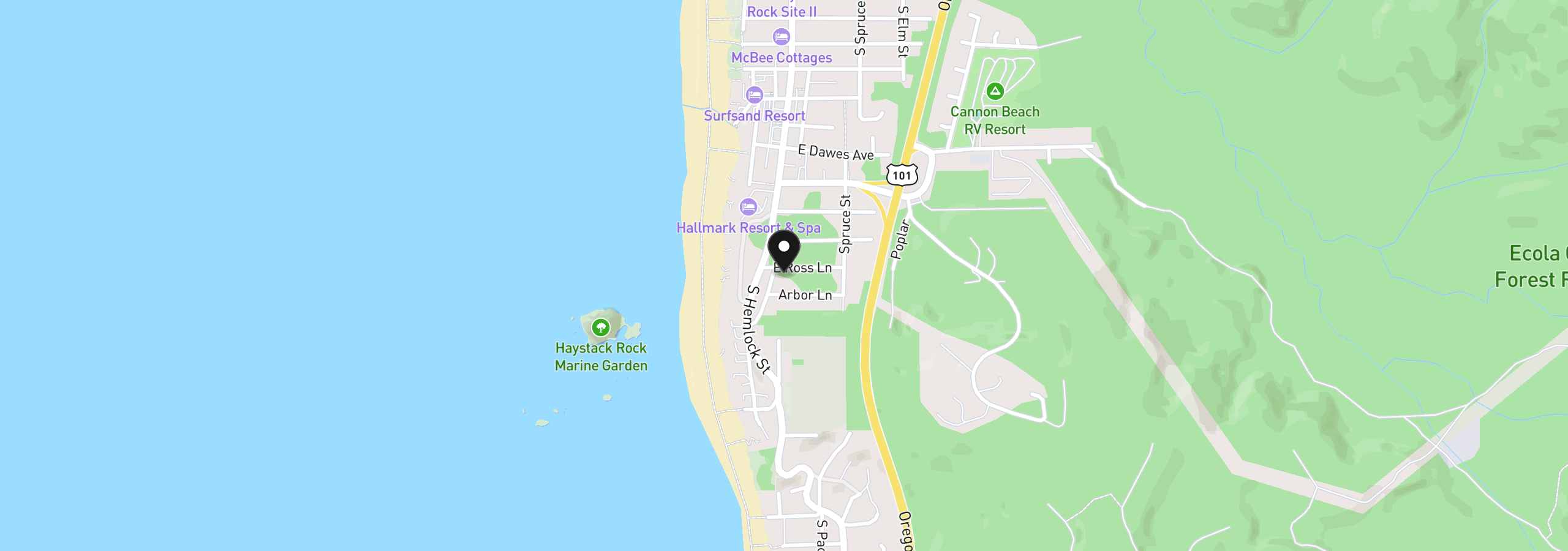 Map showing the location of 115 Ross Ln, Cannon Beach, OR 97110