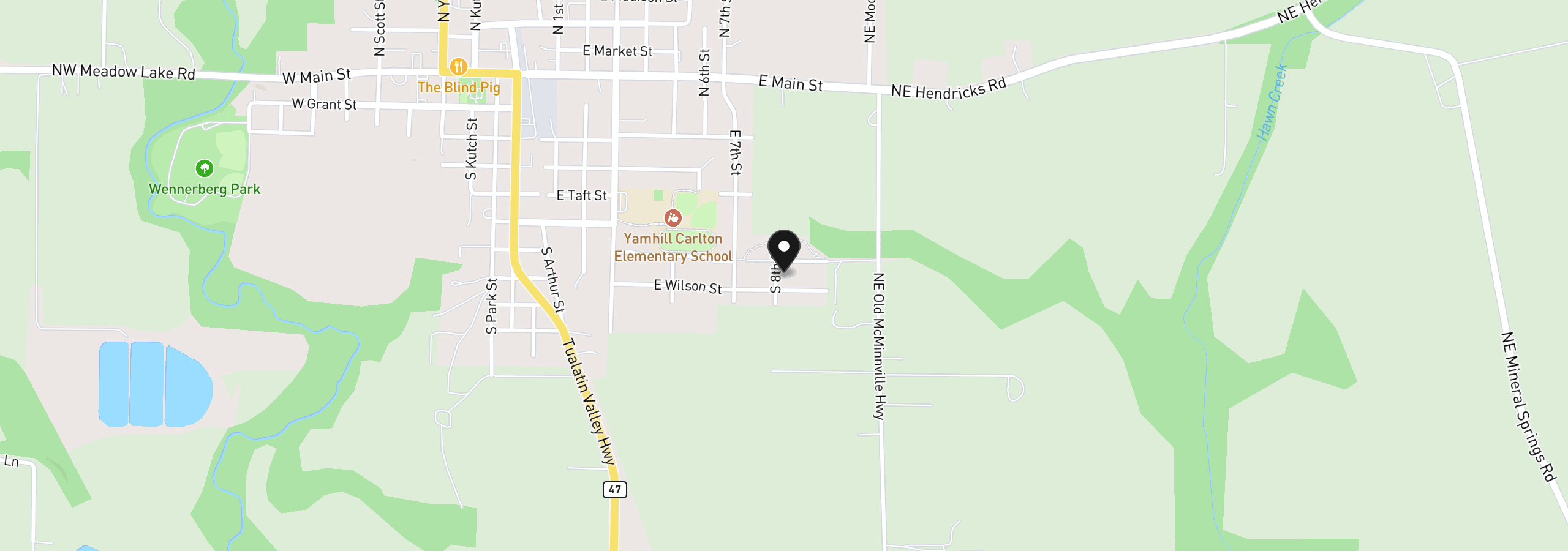 Map showing the location of 390 S 8th St, Carlton, OR 97111