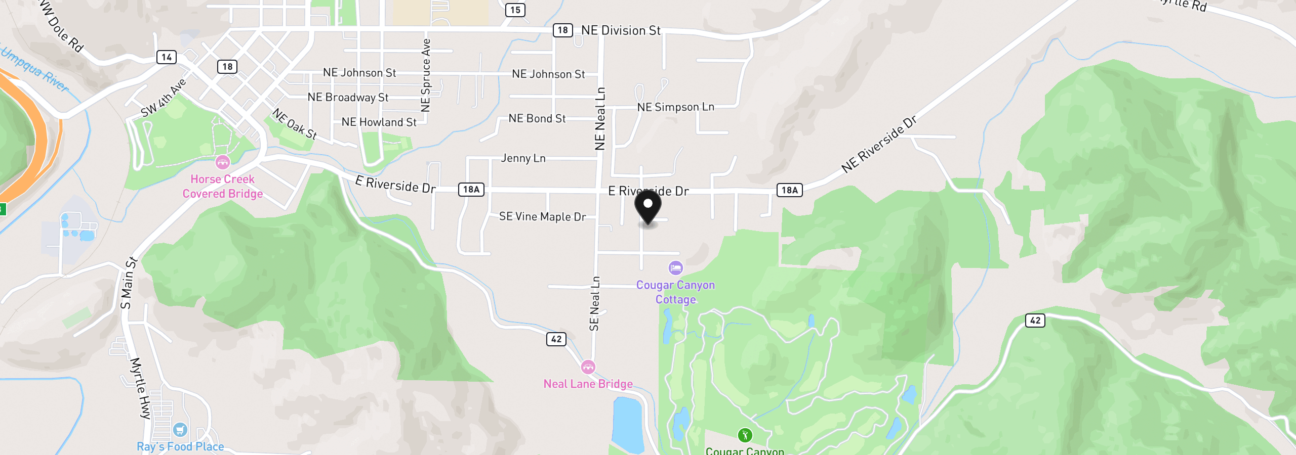 Map showing the location of 225 SE Stevenson Ave, Myrtle Creek, OR 97457
