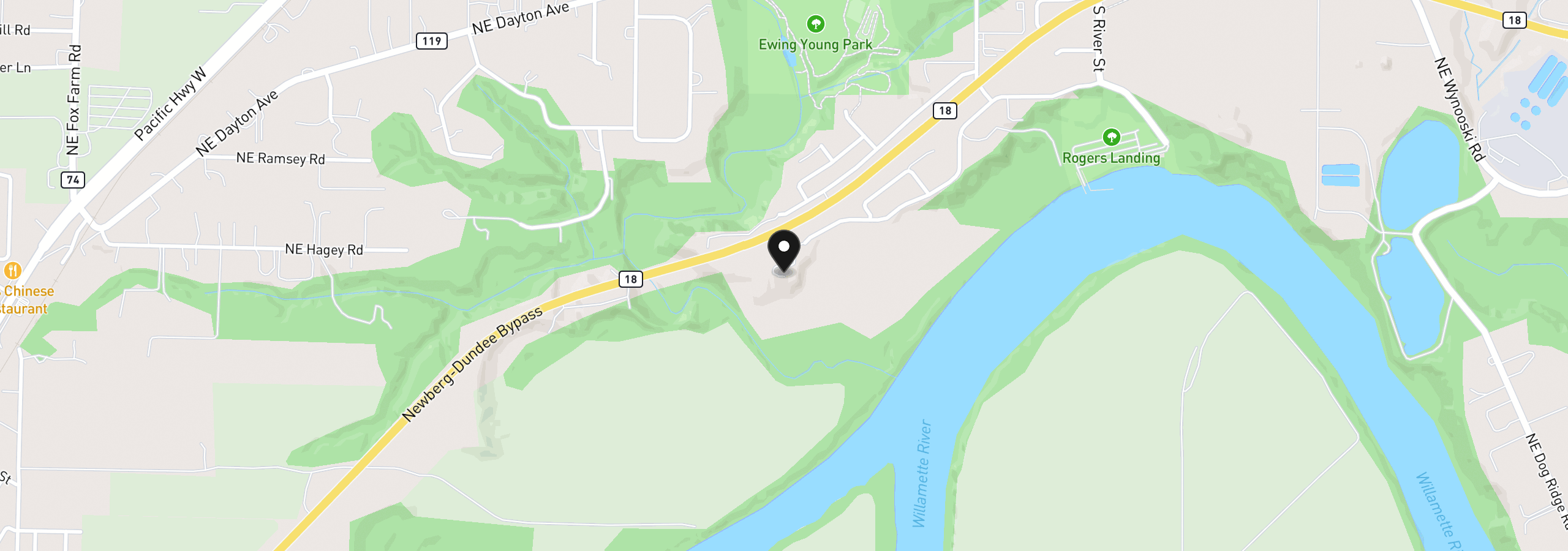 Map showing the location of 1824 NE Waterfront St, Newberg, OR 97132