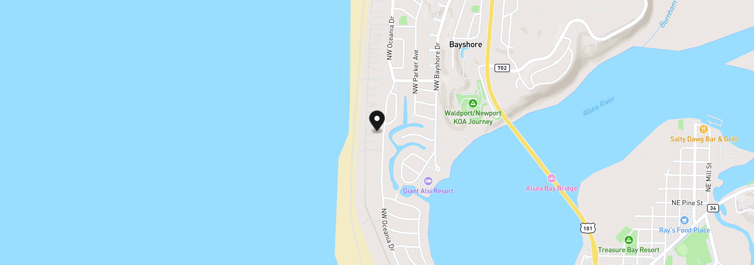 Map showing the location of 910 NW Oceania Dr, Waldport, OR 97394